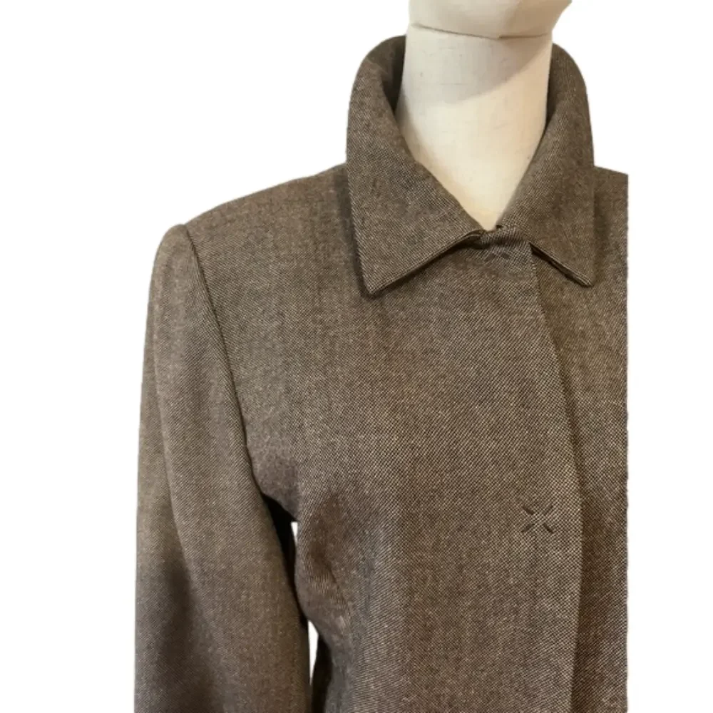 90s MINIMALIST TAN & BLACK WOVEN WOOL BLEND LINED CROPPED BLAZER CARLSON 10P - Picture 5 of 13